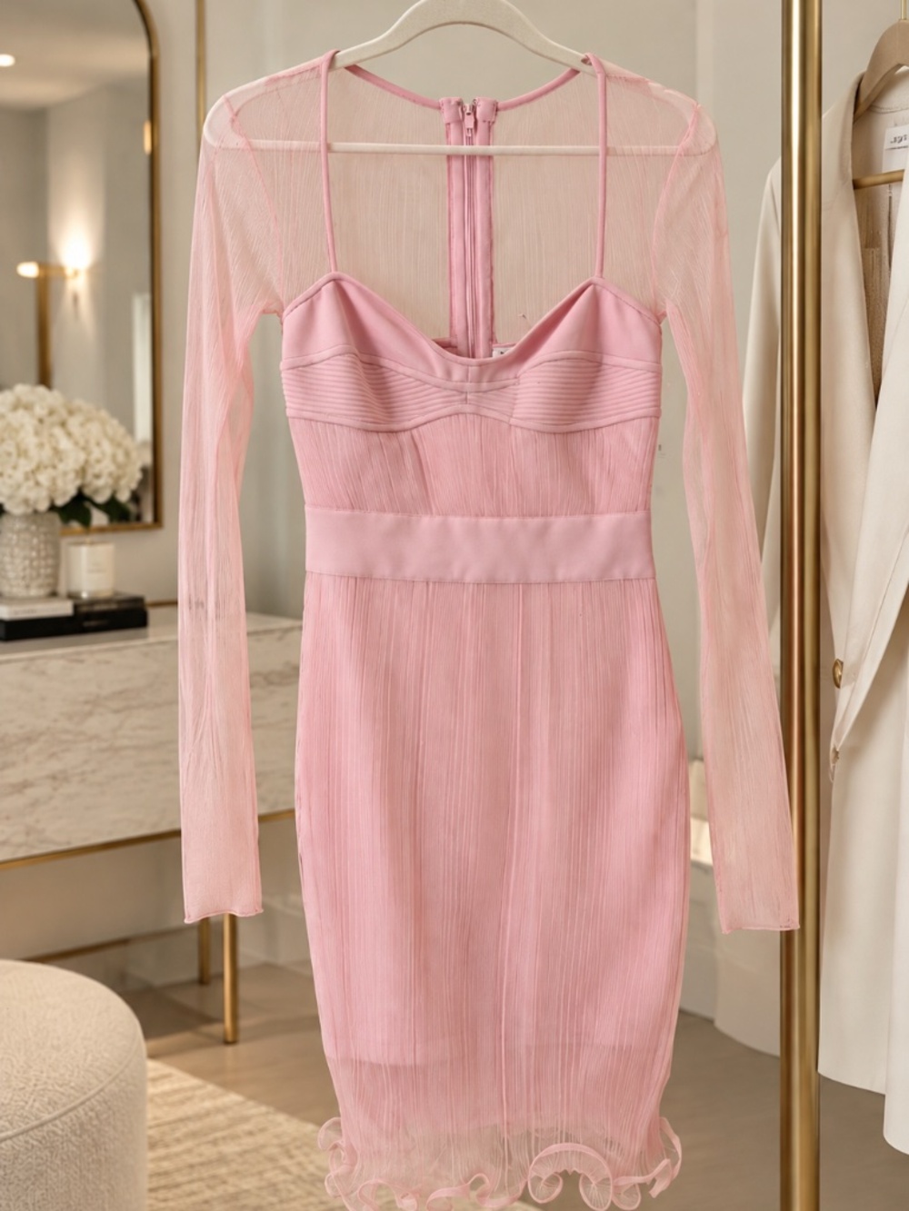 Hervé Léger Pink Sheer Long-Sleeve Mini Dress